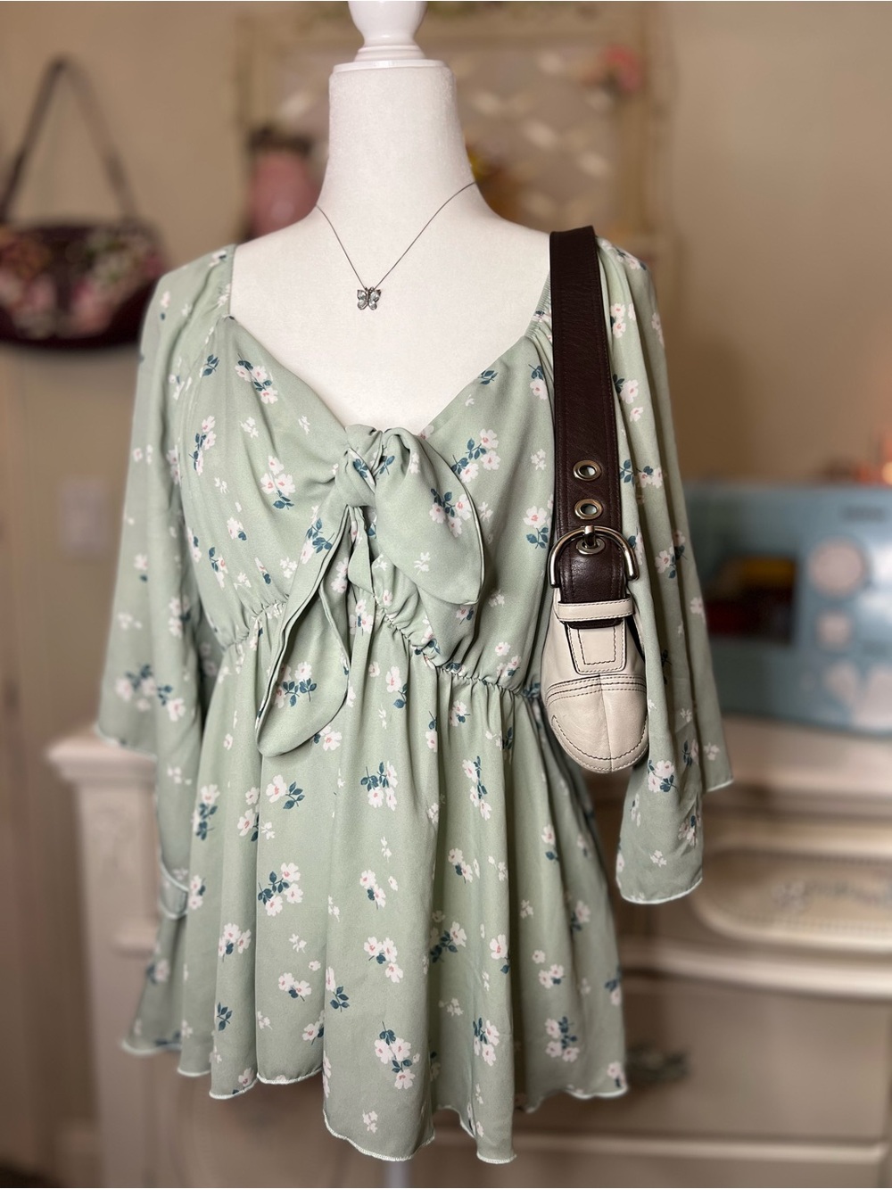 Floral Tie-Front Sage Green Blouse